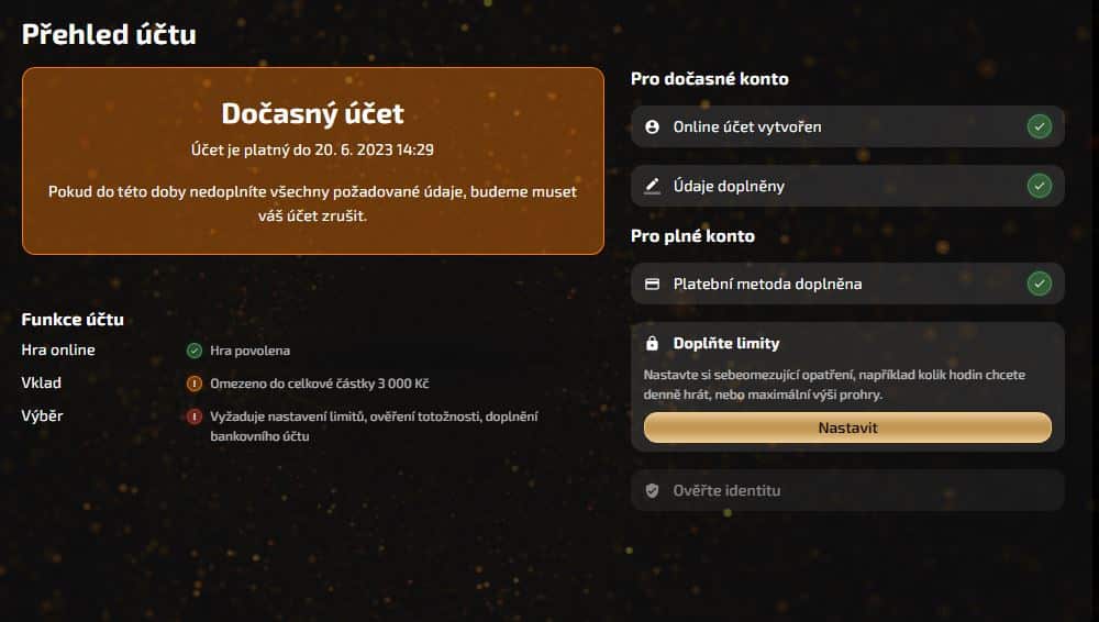 Přehled účtu v Magic Planet casinu