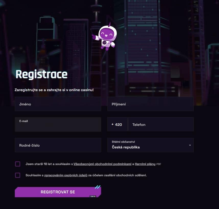 Registrační formulář Tokyo casino